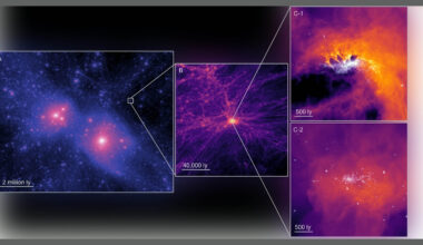 Ultra-faint dwarf galaxies in the presence of an early Lyman–Werner background. The spatial and phase-space distribution of gas in Halo D. Time runs from top to bottom. The No-Early-LWB and Early-LWB models are shown in the left and right-hand panels, respectively. Credit: Monthly Notices of the Royal Astronomical Society