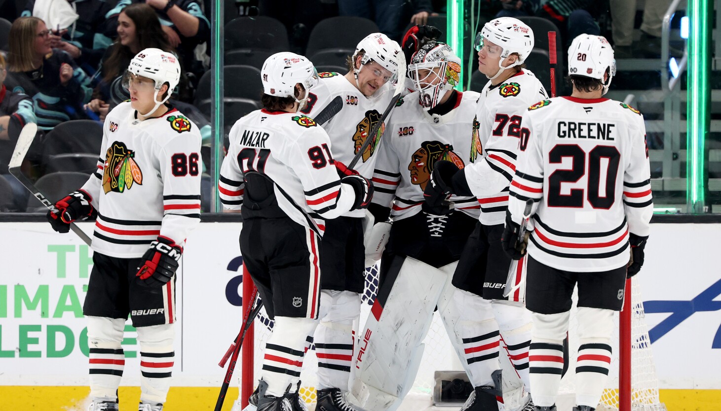 Blackhawks' improved defense helps Arvid Soderblom earn long-awaited win in Seattle