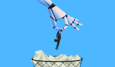 A giant robot hand dropping a person into a trash can. No humans were harmed; it's a drawing.