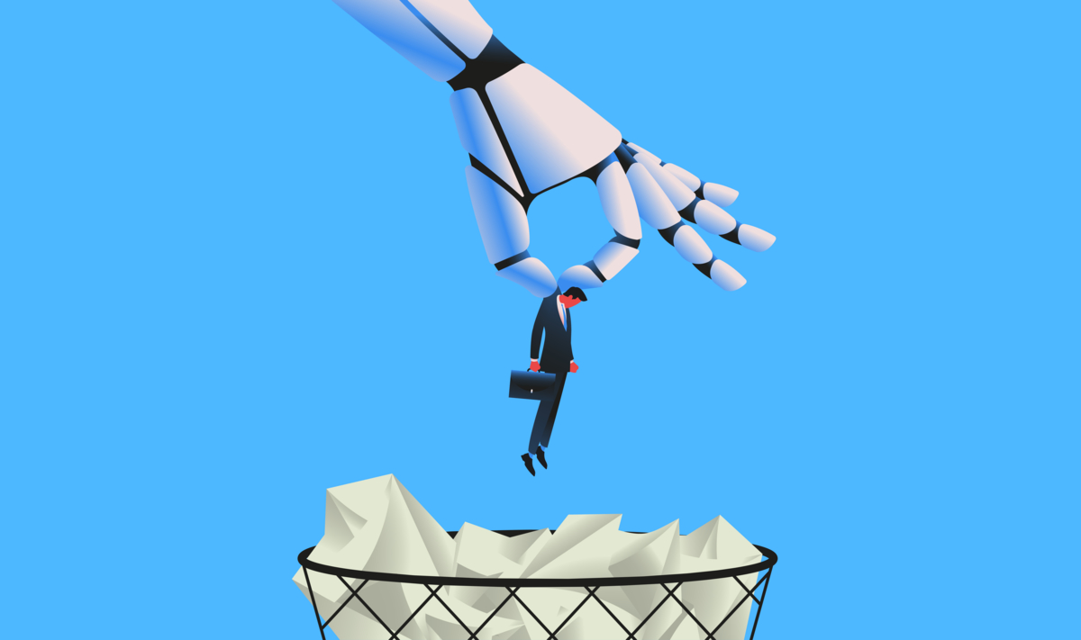 A giant robot hand dropping a person into a trash can. No humans were harmed; it's a drawing.