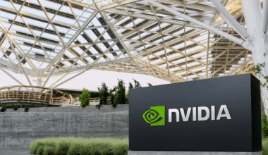 Black Nvidia sign with logo in front of company's headquarters.