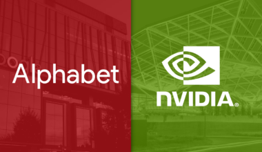 A split image with the Alphabet and Nvidia logos superimposed over pictures of their respective headquarters buildings.