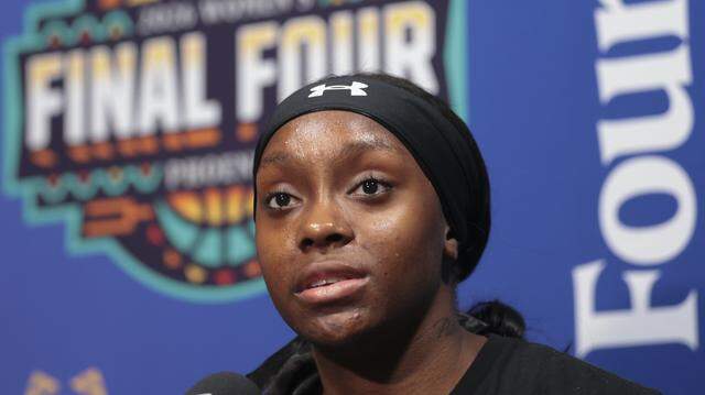 South Carolina's Raven Johnson speaks during a press conference at Mortgage Matchup Center in advance of the Final Four matchup between South Carolina and UConn in Phoenix on Thursday, April 2, 2026.