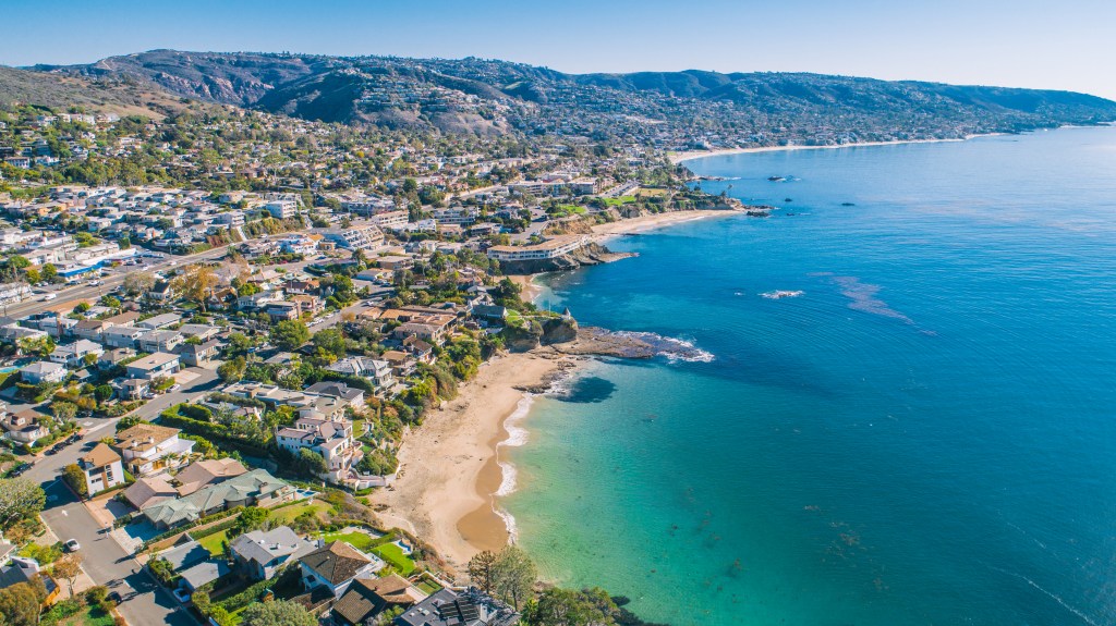 Aerial view of the Main Beach coastline in Laguna Beach, Southern California.
