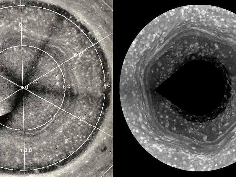 Two black and white images show Saturn’s north polar hexagon; the left includes overlaid circular and radial measurement lines, while the right shows the hexagonal pattern more clearly.