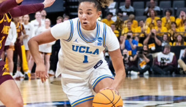 SACRAMENTO, CA - MARCH 27: Kiki Rice #1 of the UCLA Bruins drives to the basket during the second half of a game between University of Minnesota and University of California, Los Angeles at Golden 1 Center on March 27, 2026 in Sacramento, California.