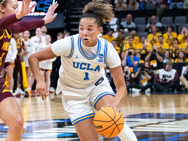 SACRAMENTO, CA - MARCH 27: Kiki Rice #1 of the UCLA Bruins drives to the basket during the second half of a game between University of Minnesota and University of California, Los Angeles at Golden 1 Center on March 27, 2026 in Sacramento, California.