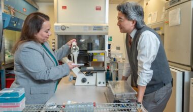 A man with long gray hair wearing a brown vest and white shirt speaks with a woman with long brown hair as they both look at various prosthetic limbs.