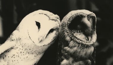 A black-and-white photo of two owls