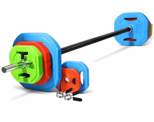 Fk Sports Adjustable Barbell Weights Set, 30kg Complete Studio Pump Set, Multicolor Cast Iron &amp; Rubber Barbell Weights for Home, Strength Training Equipment for Full Body Workout