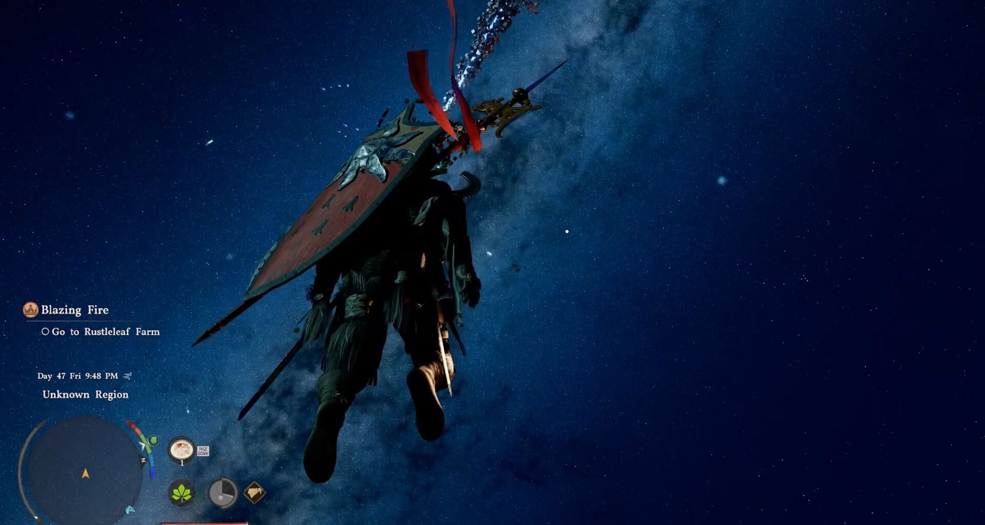 A screenshot from Crimson Desert showing a character flying in space.