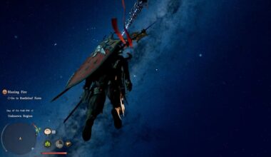 A screenshot from Crimson Desert showing a character flying in space.