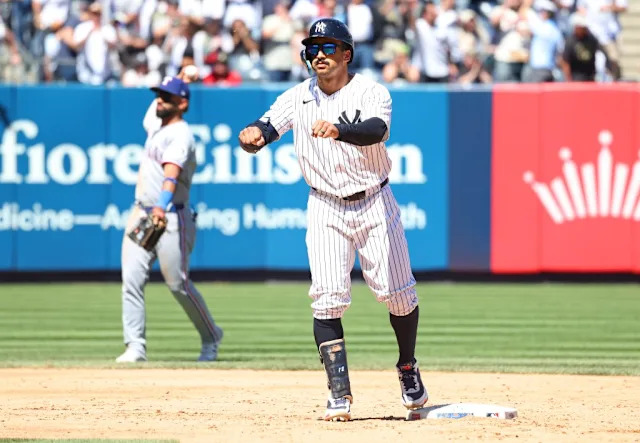 Trent Grisham reacts after hitting a double during the Yankees’ May 7 win. Robert Sabo for the NY Post