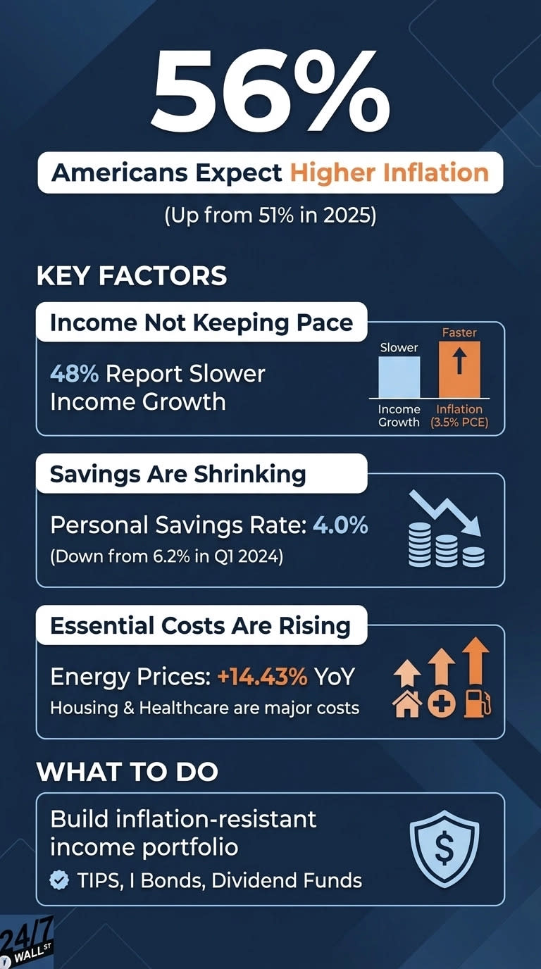 An infographic titled '56% Americans Expect Higher Inflation', noting this is 'Up from 51% in 2025'. It lists 'KEY FACTORS': 'Income Not Keeping Pace' with '48% Report Slower Income Growth', shown with a bar chart where Income Growth is 'Slower' and Inflation (3.5% PCE) is 'Faster'. 'Savings Are Shrinking' displays a 'Personal Savings Rate: 4.0%' (down from 6.2% in Q1 2024), with an icon of declining coin stacks. 'Essential Costs Are Rising' shows 'Energy Prices: +14.43% YoY' and states 'Housing & Healthcare are major costs', illustrated by rising arrows above icons for a house, medical cross, and gas pump. The 'WHAT TO DO' section advises to 'Build inflation-resistant income portfolio', specifically mentioning TIPS, I Bonds, and Dividend Funds, accompanied by a shield icon with a dollar sign.
