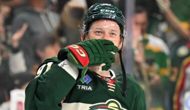 Apr 30, 2026; Saint Paul, Minnesota, USA; Minnesota Wild forward Vladimir Tarasenko (91) blows a kiss to his family after defeating the Dallas Stars in game six of the first round of the 2026 Stanley Cup Playoffs at Grand Casino Arena. Mandatory Credit: Nick Wosika-Imagn Images