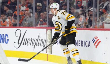 Apr 5, 2026; Philadelphia, Pennsylvania, USA; Boston Bruins defenseman Charlie McAvoy (73) controls the puck against the Philadelphia Flyers in the first period at Xfinity Mobile Arena. Mandatory Credit: Kyle Ross-Imagn Images