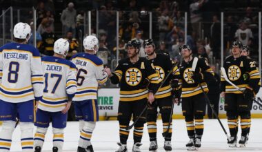 May 1, 2026; Boston, Massachusetts, USA; Boston Bruins right wing David Pastrnak (88) leads the Bruins through the Bruins as he shakes hands with Buffalo Sabres defenseman Rasmus Dahlin (26) after game six of the first round of the 2026 Stanley Cup Playoffs at TD Garden. Mandatory Credit: Winslow Townson-Imagn Images