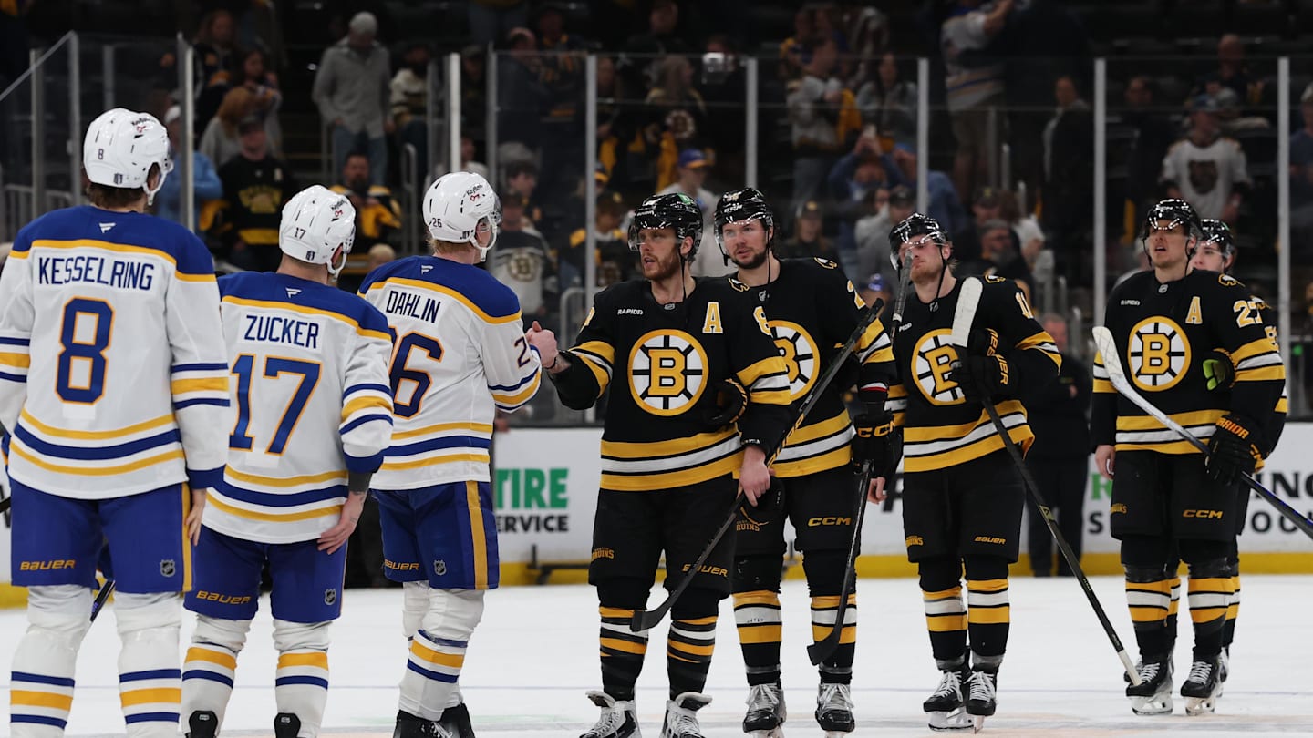 May 1, 2026; Boston, Massachusetts, USA; Boston Bruins right wing David Pastrnak (88) leads the Bruins through the Bruins as he shakes hands with Buffalo Sabres defenseman Rasmus Dahlin (26) after game six of the first round of the 2026 Stanley Cup Playoffs at TD Garden. Mandatory Credit: Winslow Townson-Imagn Images