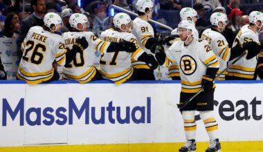 Apr 28, 2026; Buffalo, New York, USA; Boston Bruins center Elias Lindholm (28) celebrates his goal with teammates during the second period against the Buffalo Sabres in game five of the first round of the 2026 Stanley Cup Playoffs at KeyBank Center. Mandatory Credit: Timothy T. Ludwig-Imagn Images
