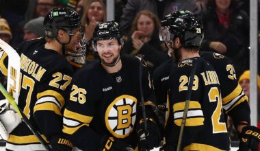 Dec 6, 2025; Boston, Massachusetts, USA; Boston Bruins defenseman Andrew Peeke (26) smiles after scoring his first goal of the season during the third period against the New Jersey Devils at TD Garden. Mandatory Credit: Winslow Townson-Imagn Images