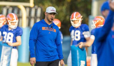 Florida head football coach Jon Sumrall reacts during spring practice at Sanders Practice Fields in Gainesville, FL on Tuesday, March 24, 2026. [Alan Youngblood/Gainesville Sun]
