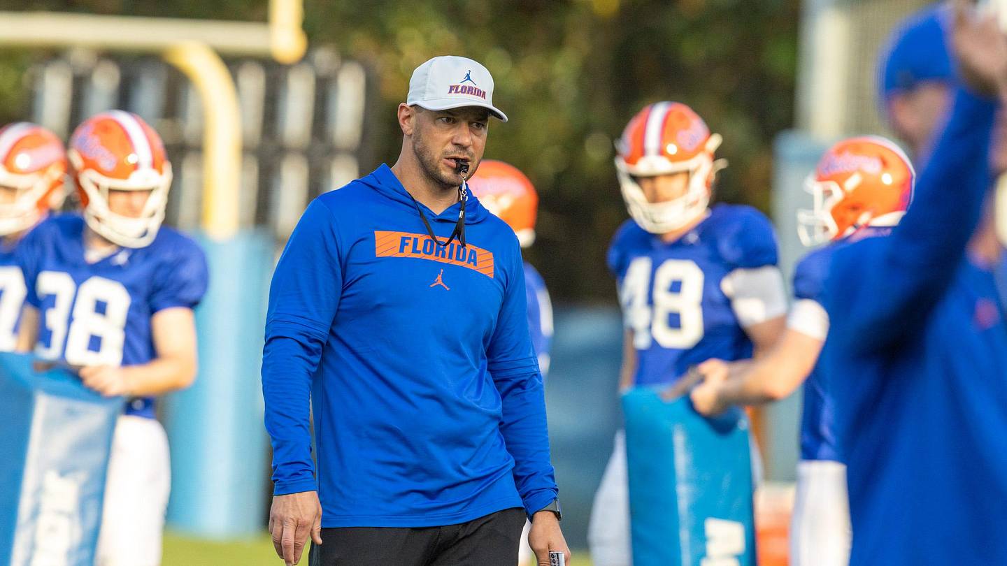 Florida head football coach Jon Sumrall reacts during spring practice at Sanders Practice Fields in Gainesville, FL on Tuesday, March 24, 2026. [Alan Youngblood/Gainesville Sun]
