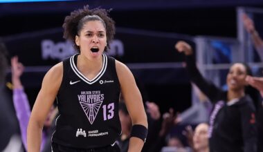 Sep 2, 2025; San Francisco, California, USA; Golden State Valkyries forward Janelle Salaun (13) celebrates after a basket against the New York Liberty during the third quarter at Chase Center. Mandatory Credit: Kelley L Cox-Imagn Images