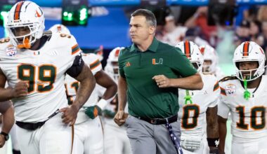 Jan 8, 2026; Glendale, AZ, USA; Miami Hurricanes head coach Mario Cristobal against the Mississippi Rebels during the 2026 Fiesta Bowl and semifinal game of the College Football Playoff at State Farm Stadium. Mandatory Credit: Mark J. Rebilas-Imagn Images