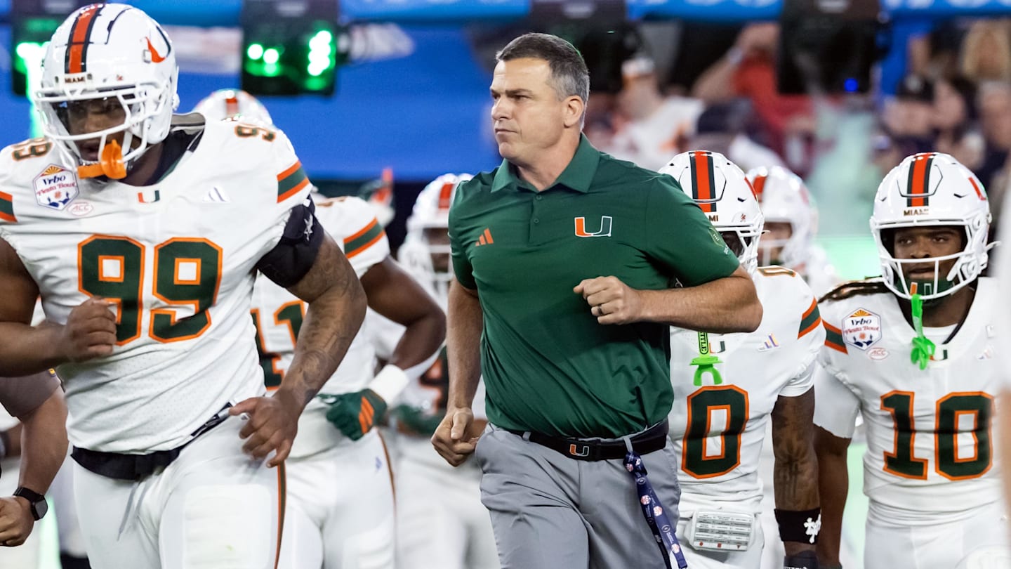 Jan 8, 2026; Glendale, AZ, USA; Miami Hurricanes head coach Mario Cristobal against the Mississippi Rebels during the 2026 Fiesta Bowl and semifinal game of the College Football Playoff at State Farm Stadium. Mandatory Credit: Mark J. Rebilas-Imagn Images