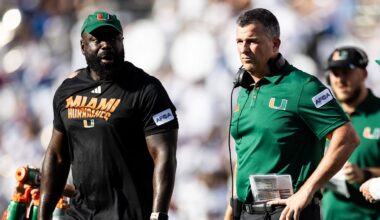 Aug 31, 2024; Gainesville, Florida, USA; Miami Hurricanes head coach Mario Cristobal looks during the second half against the Florida Gators at Ben Hill Griffin Stadium. Mandatory Credit: Matt Pendleton-Imagn Images