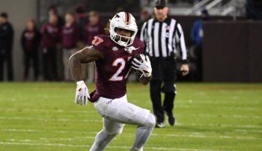 Oct 24, 2025; Blacksburg, Virginia, USA;  Virginia Tech Hokies running back Marcellous Hawkins (27) runs the ball against the California Golden Bears during the first quarter at Lane Stadium. Mandatory Credit: Brian Bishop-Imagn Images