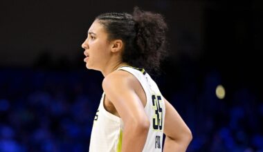 May 14, 2026; Arlington, Texas, USA; Dallas Wings guard Azzi Fudd (35) looks on during the second half against the Minnesota Lynx at College Park Center. Mandatory Credit: Jerome Miron-Imagn Images