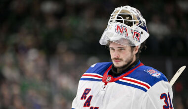 Apr 11, 2026; Dallas, Texas, USA; New York Rangers goaltender Igor Shesterkin (31) skates back on the ice during the second period against the Dallas Stars at the American Airlines Center. Mandatory Credit: Jerome Miron-Imagn Images