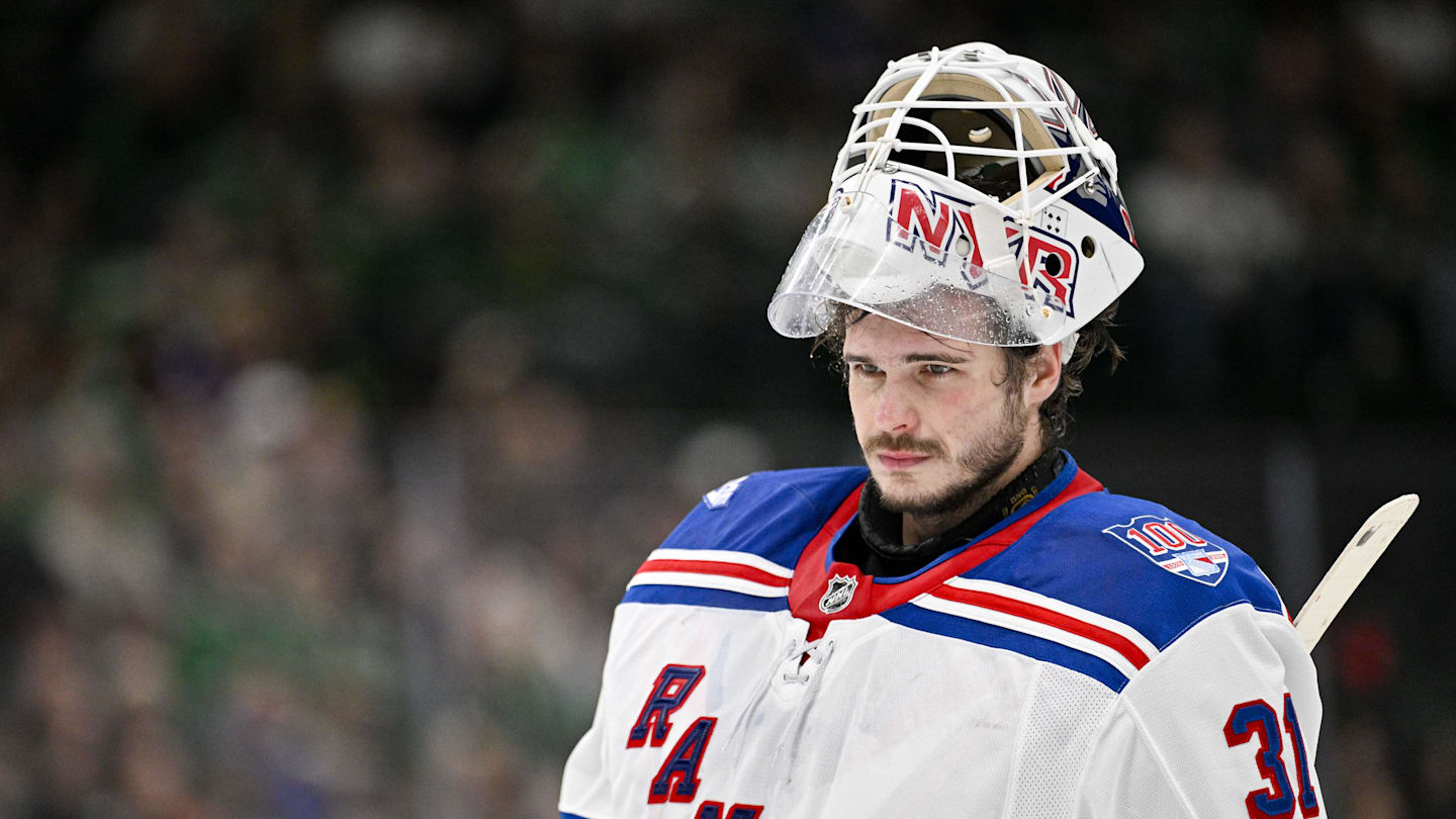 Apr 11, 2026; Dallas, Texas, USA; New York Rangers goaltender Igor Shesterkin (31) skates back on the ice during the second period against the Dallas Stars at the American Airlines Center. Mandatory Credit: Jerome Miron-Imagn Images