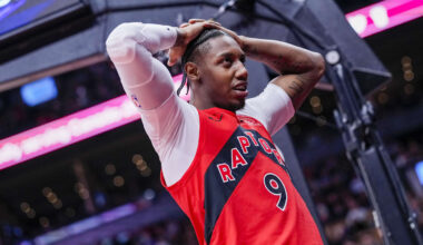Apr 12, 2026; Toronto, Ontario, CAN; Toronto Raptors RJ Barrett (9) reacts during a NBA game against the Brooklyn Nets during the second half at Scotiabank Arena. Mandatory Credit: Kevin Sousa-Imagn Images