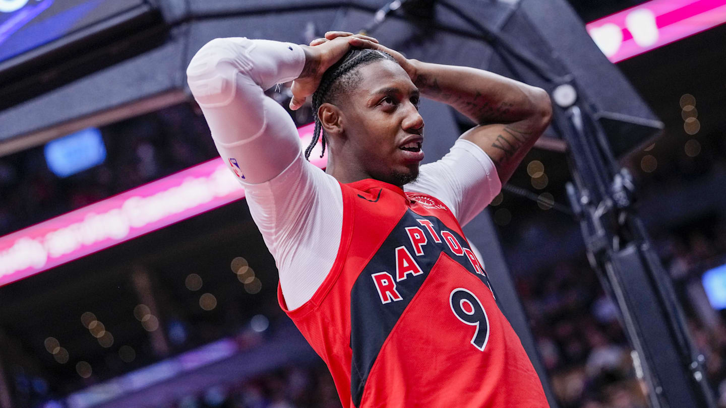 Apr 12, 2026; Toronto, Ontario, CAN; Toronto Raptors RJ Barrett (9) reacts during a NBA game against the Brooklyn Nets during the second half at Scotiabank Arena. Mandatory Credit: Kevin Sousa-Imagn Images