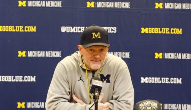 Apr 18, 2026; Ann Arbor, MI, USA; Michigan Wolverines head coach Kyle Whittingham gives remarks following the spring game at Michigan Stadium. Mandatory Credit: Brian Bradshaw Sevald-Imagn Images