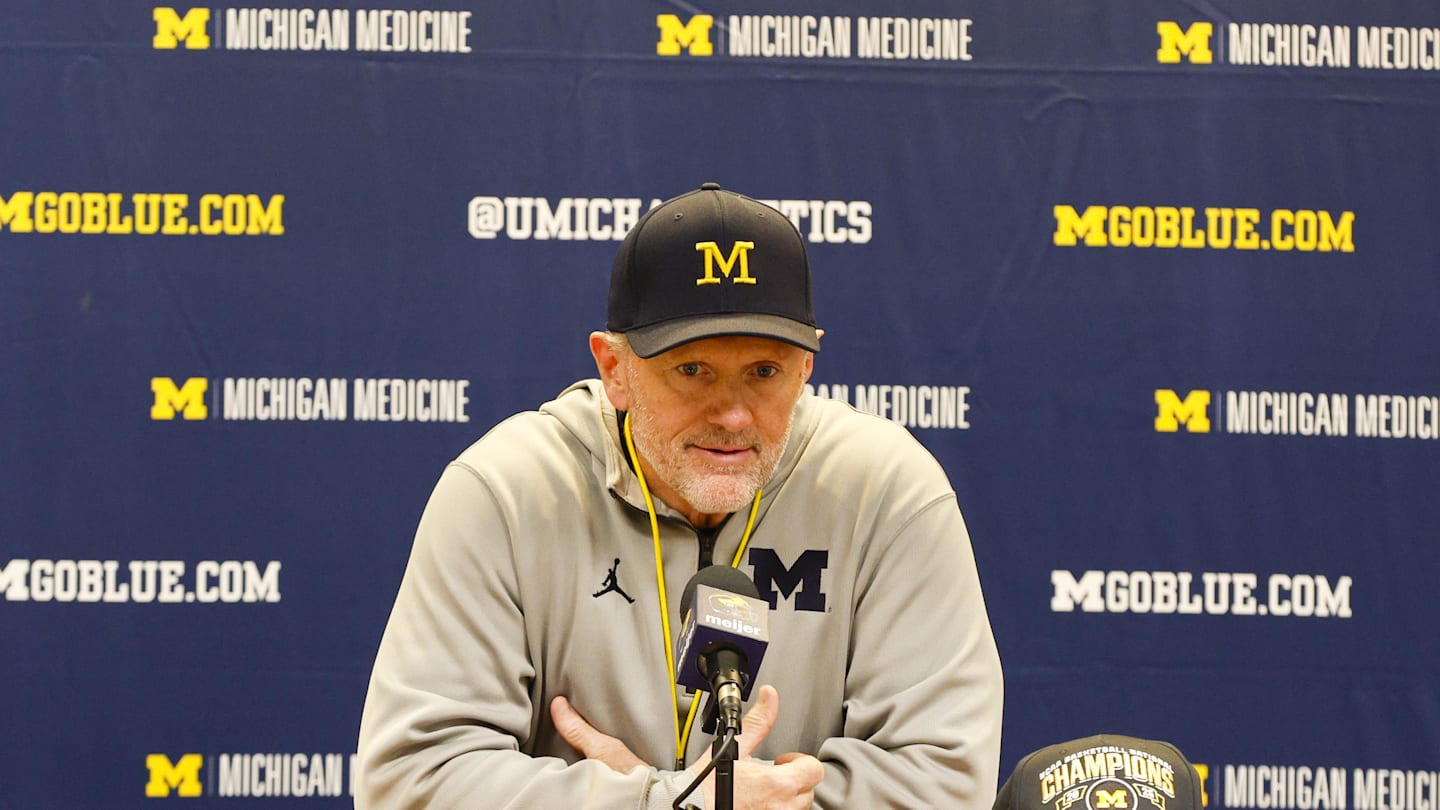 Apr 18, 2026; Ann Arbor, MI, USA; Michigan Wolverines head coach Kyle Whittingham gives remarks following the spring game at Michigan Stadium. Mandatory Credit: Brian Bradshaw Sevald-Imagn Images