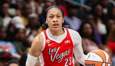 May 17, 2026; Atlanta, Georgia, USA; Las Vegas Aces guard Chennedy Carter (23) dribbles against the Atlanta Dream in the first quarter at State Farm Arena. Mandatory Credit: Brett Davis-Imagn Images