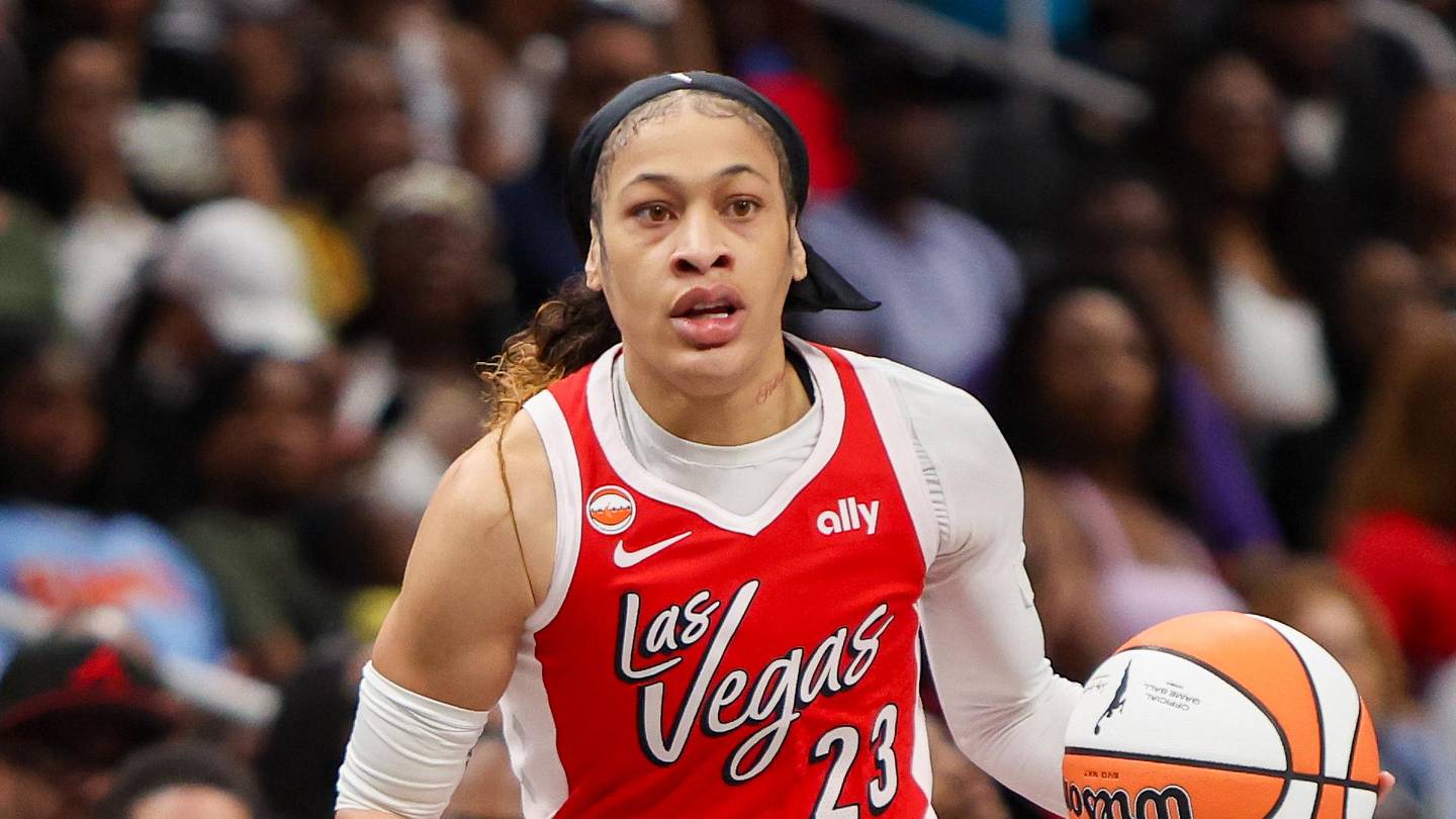 May 17, 2026; Atlanta, Georgia, USA; Las Vegas Aces guard Chennedy Carter (23) dribbles against the Atlanta Dream in the first quarter at State Farm Arena. Mandatory Credit: Brett Davis-Imagn Images