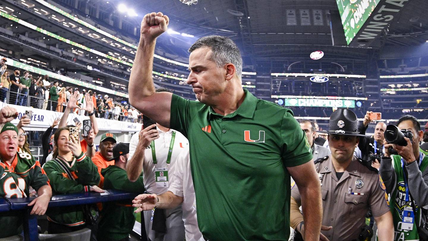 Dec 31, 2025; Arlington, TX, USA; Miami Hurricanes head coach Mario Cristobal comes off the field after the 2025 Cotton Bowl and quarterfinal game of the College Football Playoff at AT&T Stadium. Mandatory Credit: Jerome Miron-Imagn Images