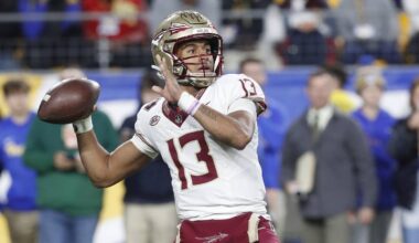 Nov 4, 2023; Pittsburgh, Pennsylvania, USA;  Florida State Seminoles quarterback Jordan Travis (13) passes the ball against the Pittsburgh Panthers during the third quarter at Acrisure Stadium. The Seminoles won 24-7. Mandatory Credit: Charles LeClaire-Imagn Images