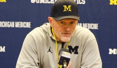 Apr 18, 2026; Ann Arbor, MI, USA; Michigan Wolverines head coach Kyle Whittingham gives remarks following the spring game at Michigan Stadium. Mandatory Credit: Brian Bradshaw Sevald-Imagn Images