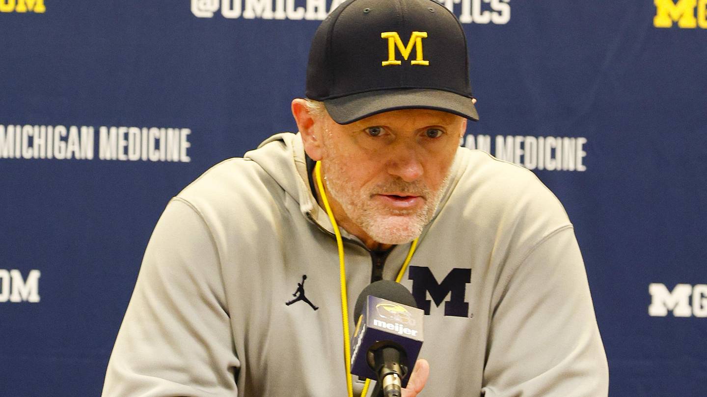 Apr 18, 2026; Ann Arbor, MI, USA; Michigan Wolverines head coach Kyle Whittingham gives remarks following the spring game at Michigan Stadium. Mandatory Credit: Brian Bradshaw Sevald-Imagn Images