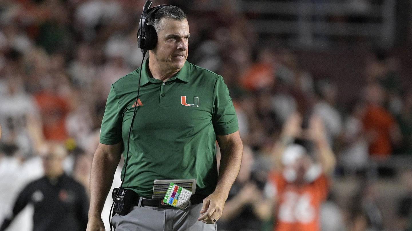 Oct 4, 2025; Tallahassee, Florida, USA; Miami Hurricanes head coach Mario Cristobal during the second half against the Florida State Seminoles at Doak S. Campbell Stadium. Mandatory Credit: Melina Myers-Imagn Images