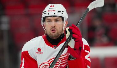 Feb 28, 2026; Raleigh, North Carolina, USA;  Detroit Red Wings left wing James van Riemsdyk (21) looks on during the warmups before the game against the Carolina Hurricanes at Lenovo Center. Mandatory Credit: James Guillory-Imagn Images