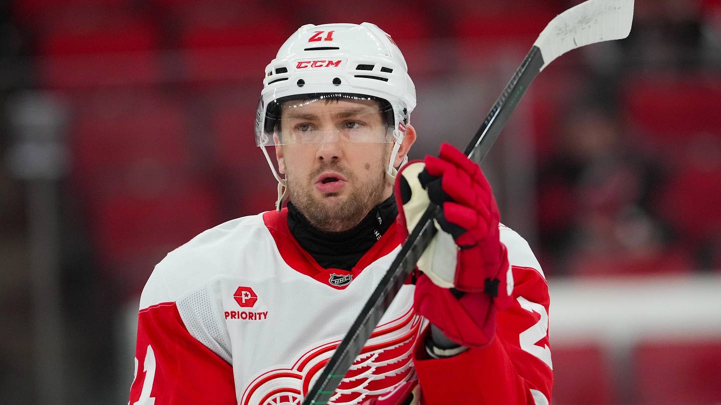 Feb 28, 2026; Raleigh, North Carolina, USA;  Detroit Red Wings left wing James van Riemsdyk (21) looks on during the warmups before the game against the Carolina Hurricanes at Lenovo Center. Mandatory Credit: James Guillory-Imagn Images