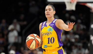 May 21, 2026; Phoenix, Arizona, USA; Los Angeles Sparks guard Kelsey Plum (10) calls out the play against the Phoenix Mercury in the first half at Mortgage Matchup Center. Mandatory Credit: Rick Scuteri-Imagn Images