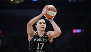 May 14, 2026; Portland, Oregon, USA; Portland Fire center Megan Gustafson (17) shoots a free throw during the first half against New York Liberty at Moda Center. Mandatory Credit: Troy Wayrynen-Imagn Images