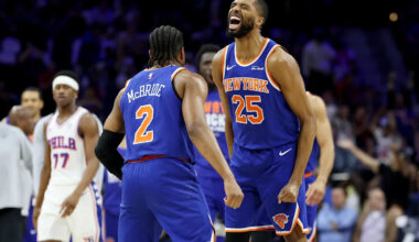 Knicks torch 76ers with record effort from 3, set team playoff record with 144 points to complete dominant sweep